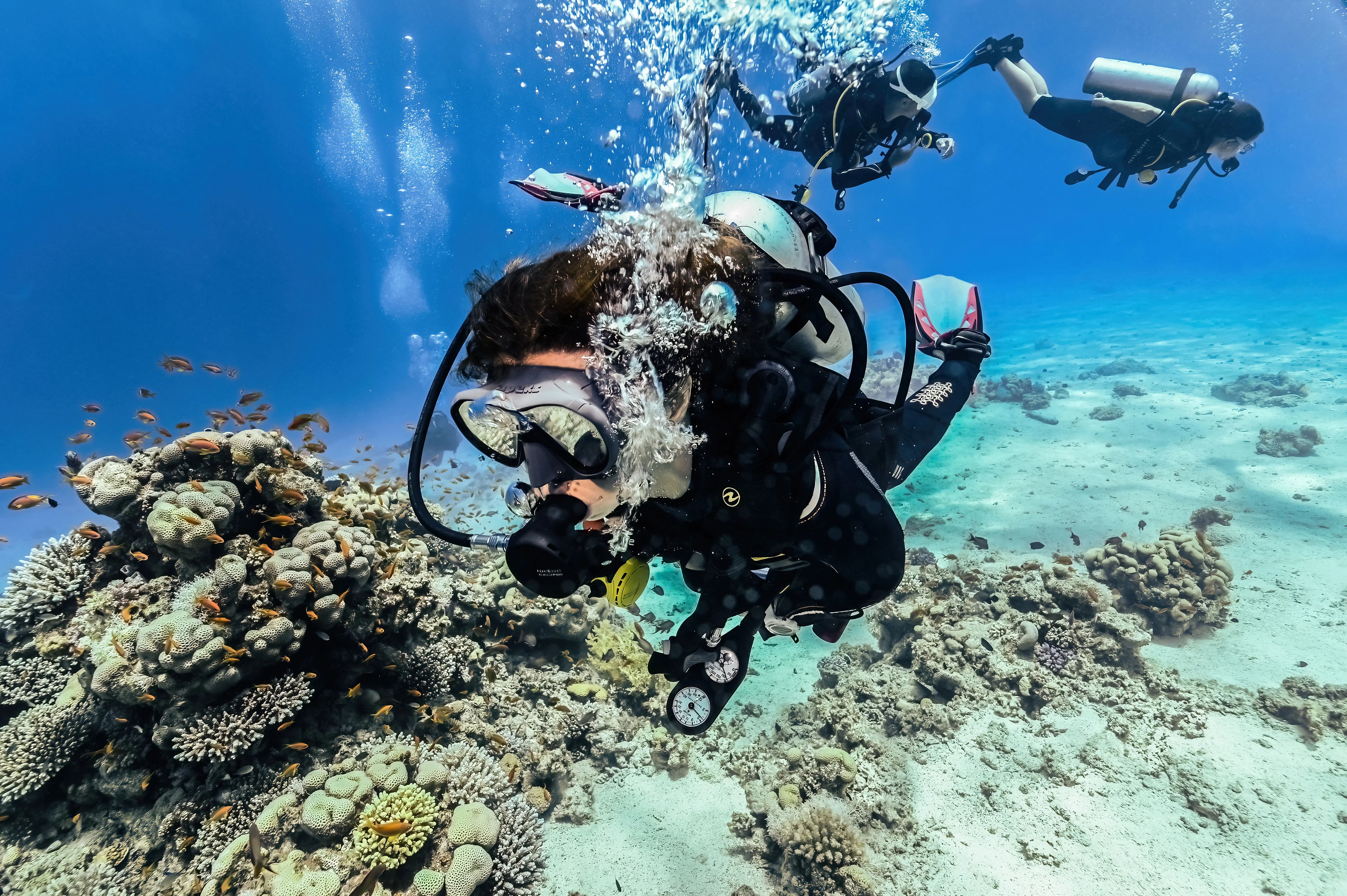 Candidato Dive Master practicando liderazgo bajo el agua en Mahahual